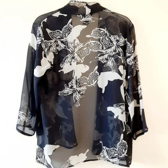 Citron Sz S Silk Butterfly Print Open Short Sheer Duster Dressy Office Cruise - Picture 6 of 7